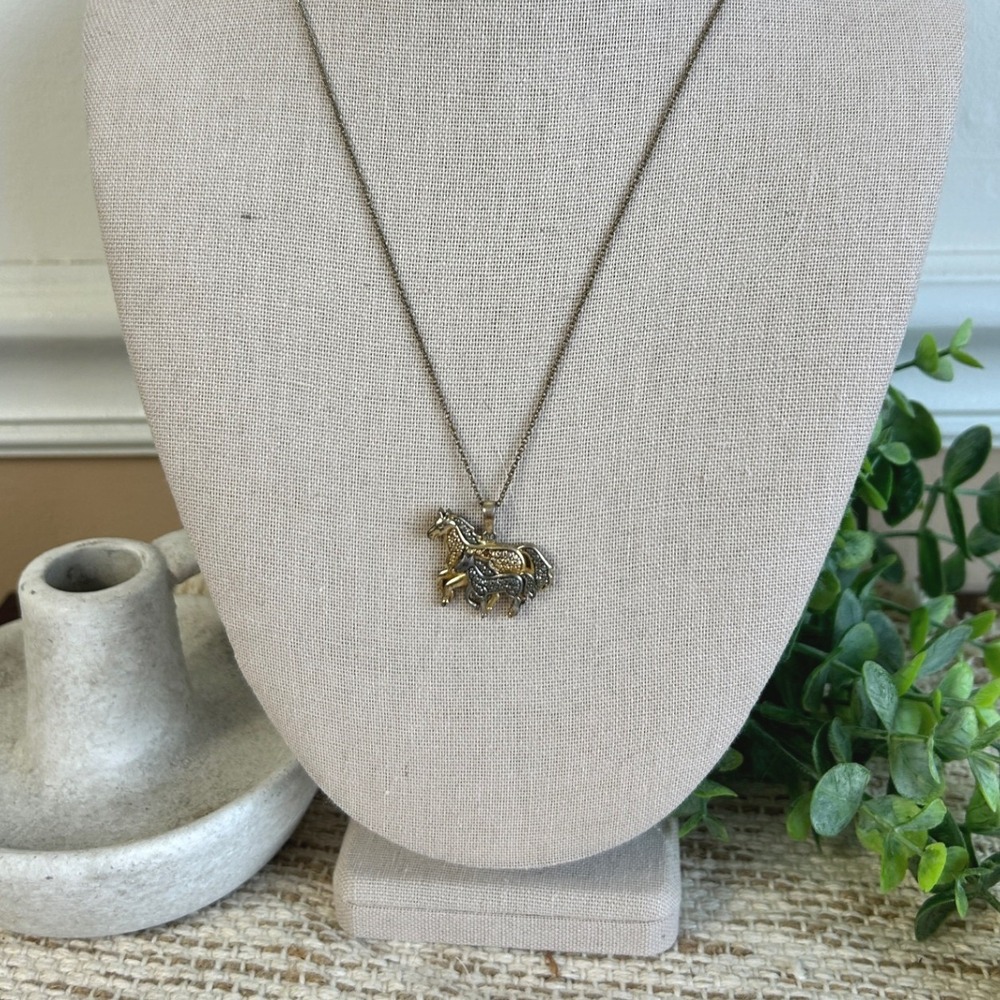 Vintage Two Tone Horse Pendant Necklace Gold Silver Equestrian Animal Jewelry